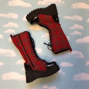 Demonia Knee High Plaid Platform Boots